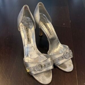 Manolo Blahnik Shimmering Silver Heels with rhinestone accents
